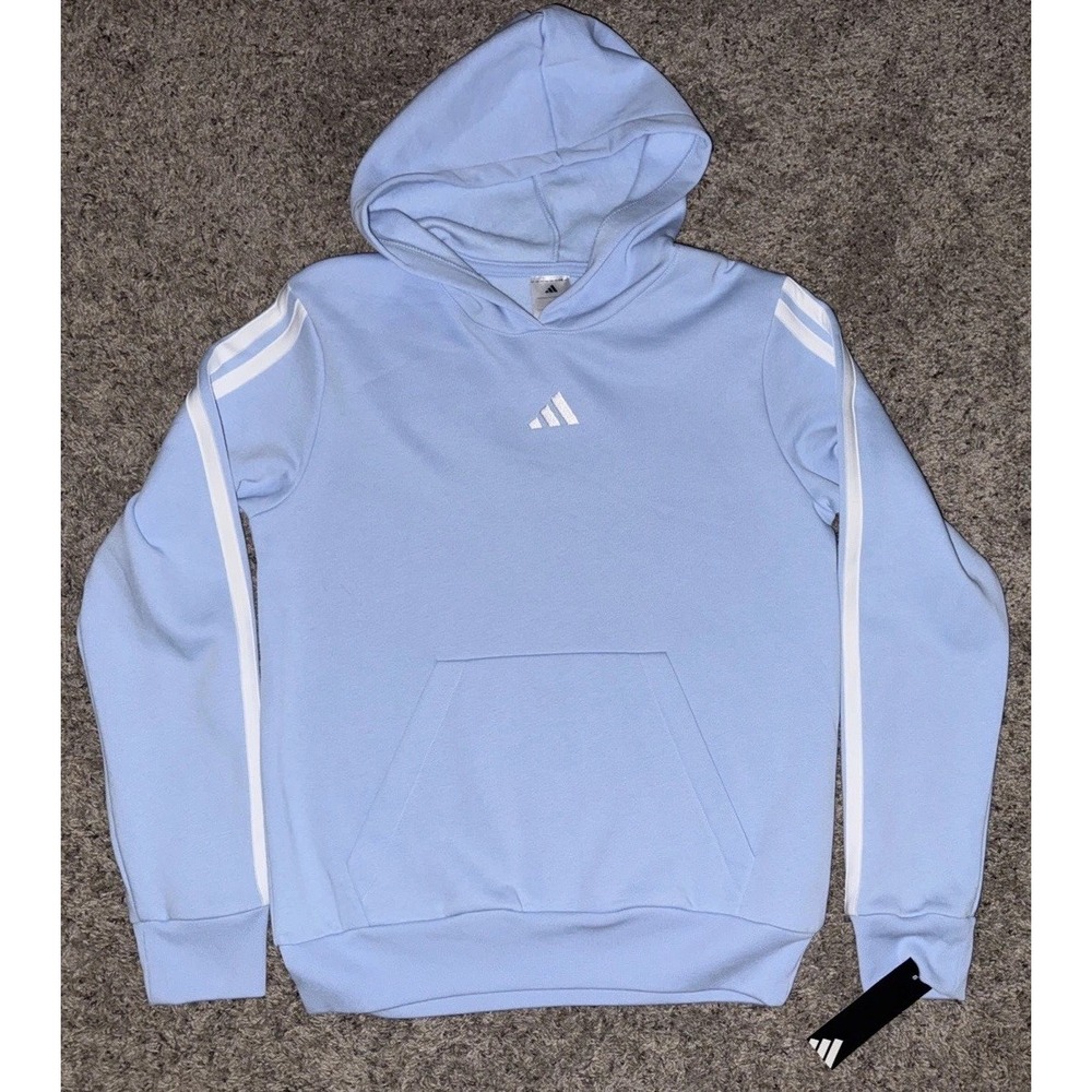adidas Youth X-Large 18-20 Light Blue White 3 stripe Pullover Hoodie Boy Girl